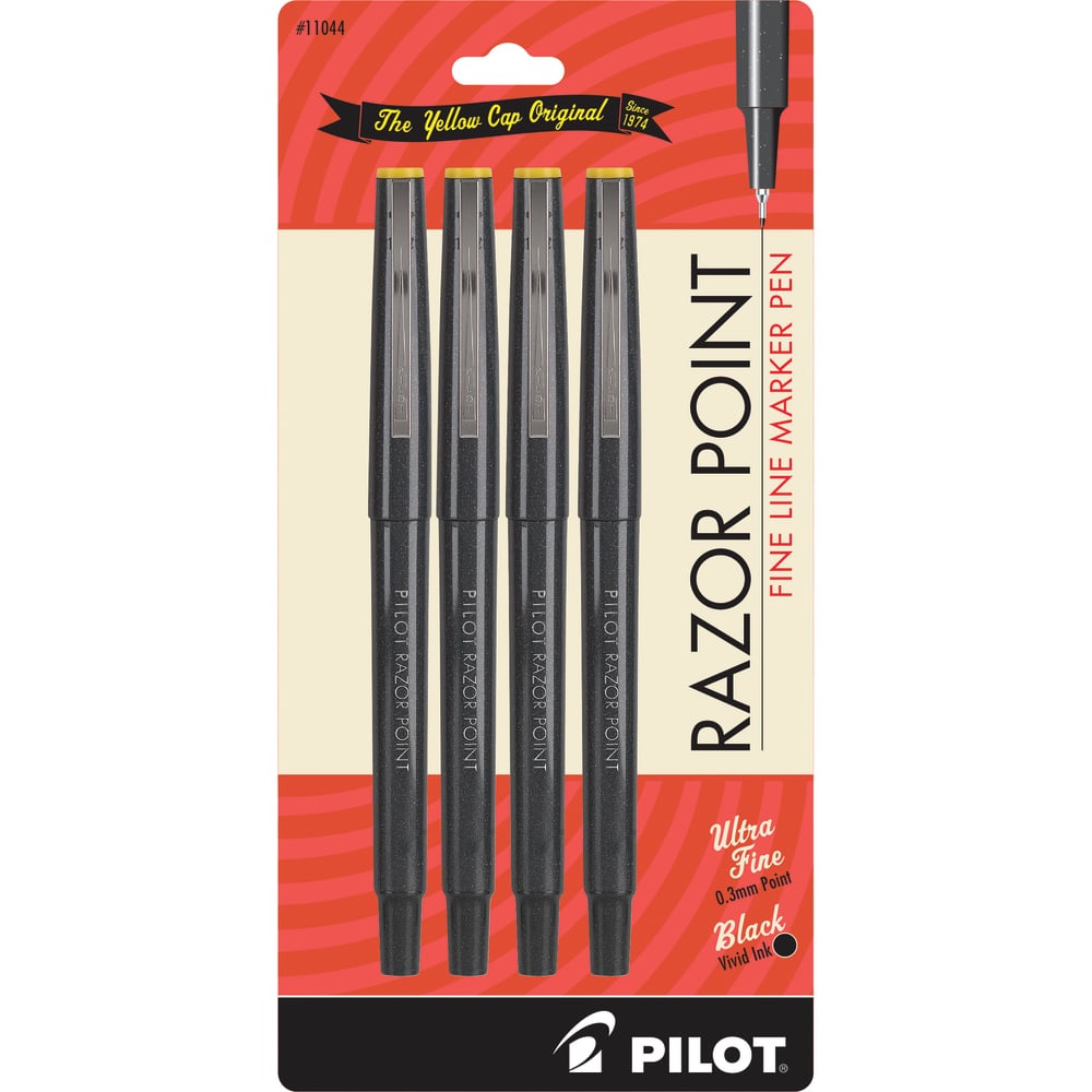 Pilot Razor Point Marker Pens, Extra-Fine Point, 0.3mm, Black Barrel, Black Ink, Pack Of 4 (Min Order Qty 12) MPN:11044