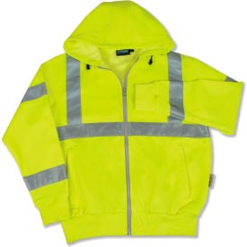 ERB® Aware Wear® W375 Hooded Sweatshirt with Zipper ANSI Class 3 2XL Hi-Viz Lime WEL61528HL2X