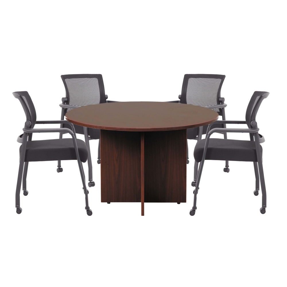 Boss Office Products 47in Round Table And Mesh Guest Chairs With Casters Set, Mahogany/Black MPN:GROUP123M-B