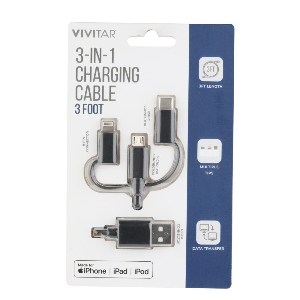 Vivitar 3-in-1 Charging Cable, 3ft, Black, NIL2001-BLK-STK-24 (Min Order Qty 7) MPN:NIL2001-BLK-STK-24