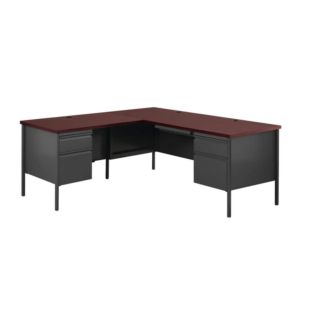 Steel Base Corner Desk: Woodgrain Laminate Top, Mahogany & Charcoal MPN:20109