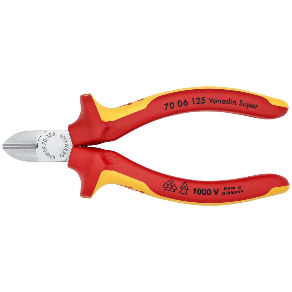 Cutting Pliers, Insulated: Yes , Overall Length (Inch): 5-1/2in , Head Style: Cutter, Diagonal , Cutting Style: Bevel , Handle Color: Red, Yellow  MPN:70 06 125