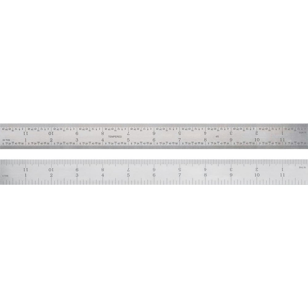 Steel Rules, Material: Steel , Length (Inch): 18 , Graduation (Inch): 1/64, 1/32, 1/16, 1/8 , Tip Style: Flat , Color: Silver  MPN:523300180