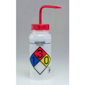 Bel-Art Safety-Labeled 4-Color Acetone Wide-Mouth Wash Bottles 500ml (16oz) PE w/Red PP Cap 4Pk 117160001