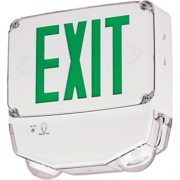 Illuminated Exit Signs, Number of Faces: 2, Light Technology: LED, Letter Color: Green, Mount Type: Surface Mount, Housing Material: Polycarbonate MPN:93063667