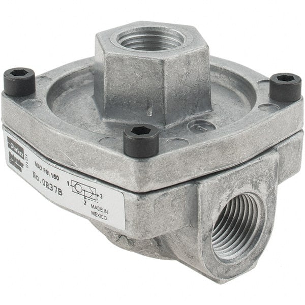 Quick-Exhaust Valves, Inlet Port Size: 3/8 , Inlet Port Size: 0.375 in , Exhaust Port Size: 3/8 , Exhaust Port Size: 3/8 in , Body Material: Aluminum  MPN:0R37B