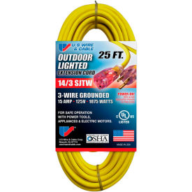 U.S. Wire 73025 25 Ft. Three Conductor Yellow Temp-Flex Lighted Plug Cord 14/3 Ga. 300V 15A 73025