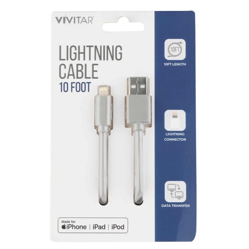 Vivitar Lightning To USB-A Cable, 10ft, Gray, NIL1010-GRY-STK-24 (Min Order Qty 6) MPN:NIL1010-GRY-STK-24