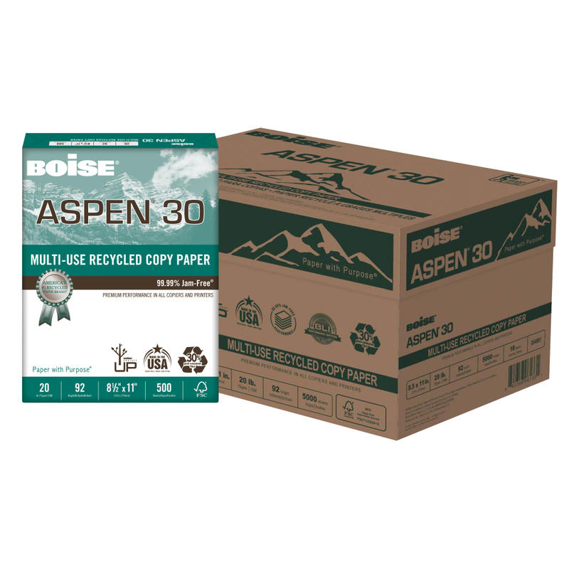 Boise ASPEN 30 Multi-Use Printer & Copy Paper, 10 Reams, White, Letter (8.5in x 11in), 5000 Sheets Per Case, 20 Lb, 92 Brightness, 30% Recycled, FSC Certified MPN:054901-CTN