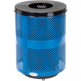 GoVets™ Outdoor Perforated Steel Trash Can With Flat Lid & Base 36 Gallon Blue 925BLD261