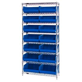 GoVets™ Chrome Wire Shelving With 14 Giant Plastic Stacking Bins Blue 36x14x74 929BL268