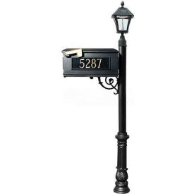 Mailbox Post (Ornate Base & Black Bayview Solar Lamp) w/3 Address Plates Support Brace Black LMC-700-SL-BL
