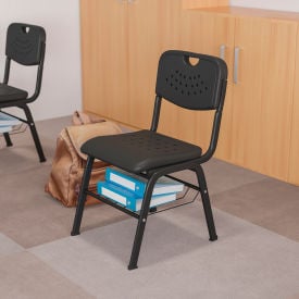 Flash Furniture Black Plastic Chair with Black Frame and Book Basket - Hercules Series -GK01-BK-BAS-GGRUT