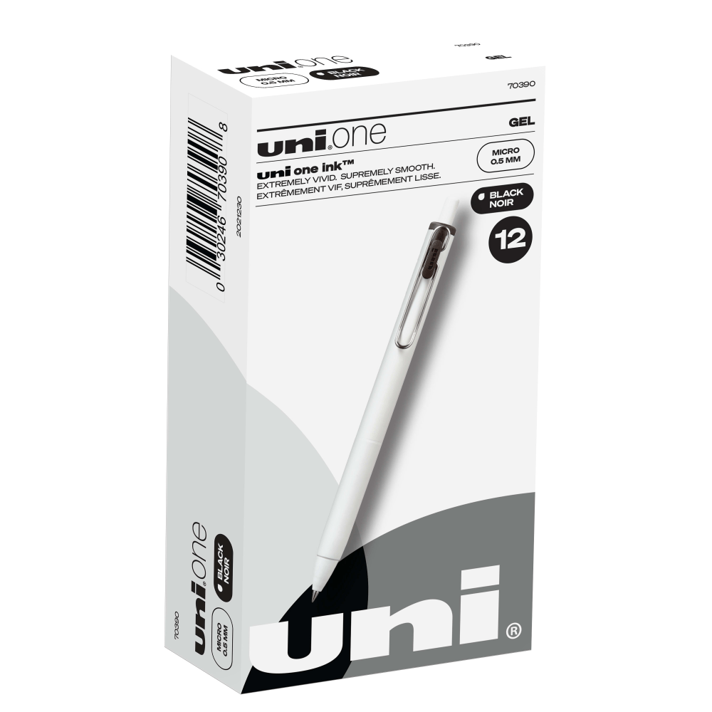 Uni-Ball One Retractable Gel Pens, Micro Point, 0.5 mm, White Barrel, Black Ink, Pack Of 12 Pens (Min Order Qty 5) MPN:70390