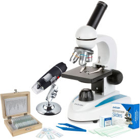 AmScope 40X-1000X Monocular Microscope 25-pc Slides Set Tweezers Plus USB Digital Microscope VB-M149C-SLVR