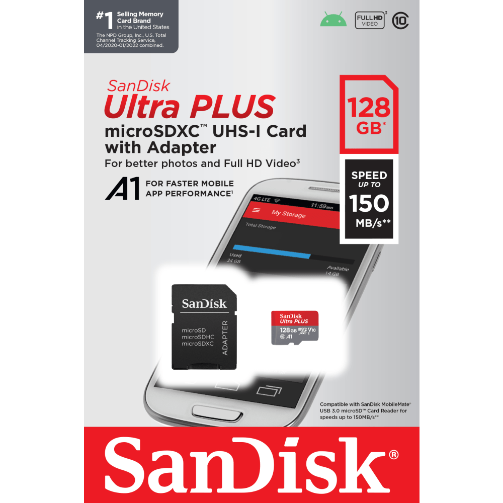 SanDisk Ultra PLUS microSD Memory Card, 128GB (Min Order Qty 3) MPN:SDSQUBC-128G-AN6MA