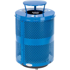 GoVets™ Outdoor Perforated Steel Recycling Can W/Rain Bonnet Lid & Base 36Gal Blue 927RBLD261