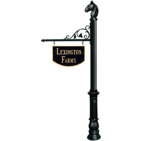 Large Hanging Ranch Sign with Post Decorative Ornate Base & Horsehead Finial in Black SNPST-701-BL