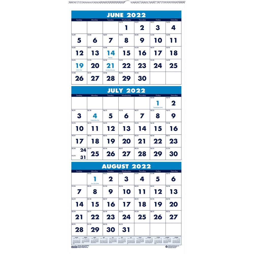 House of Doolittle Three-month Vertical Academic Wall Calendar - Academic - Julian Dates - Monthly - 14 Month - June 2024 - July 2025 - 3 Month Single Page Layout - Wire Bound - Teal - Paper - 8in Height x 17in Width - Reference Calen (Min Order Qty 7) MP