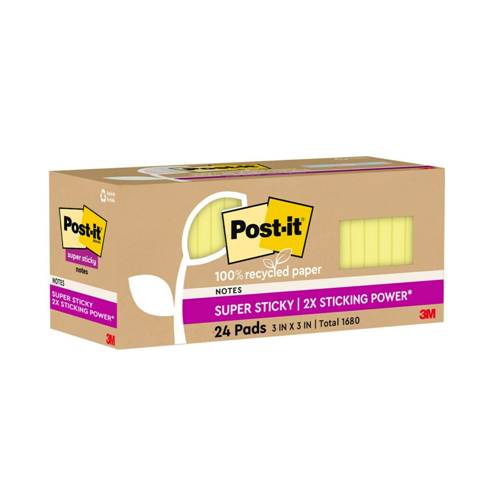 Post-it Super Sticky Recycled Notes, 3 in x 3 in, 24 Pads, 70 Sheets/Pad, 2x the Sticking Power, Canary Yellow, 100% Recycled (Min Order Qty 2) MPN:654R-24SSCY-CP