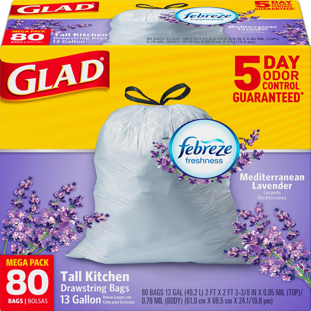 Glad Tall Kitchen 5-Day OdorShield Trash Bags With Febreze Freshness, 13 Gallons, Mediterranean Lavender Scent, White, Pack Of 80 MPN:CLO78902