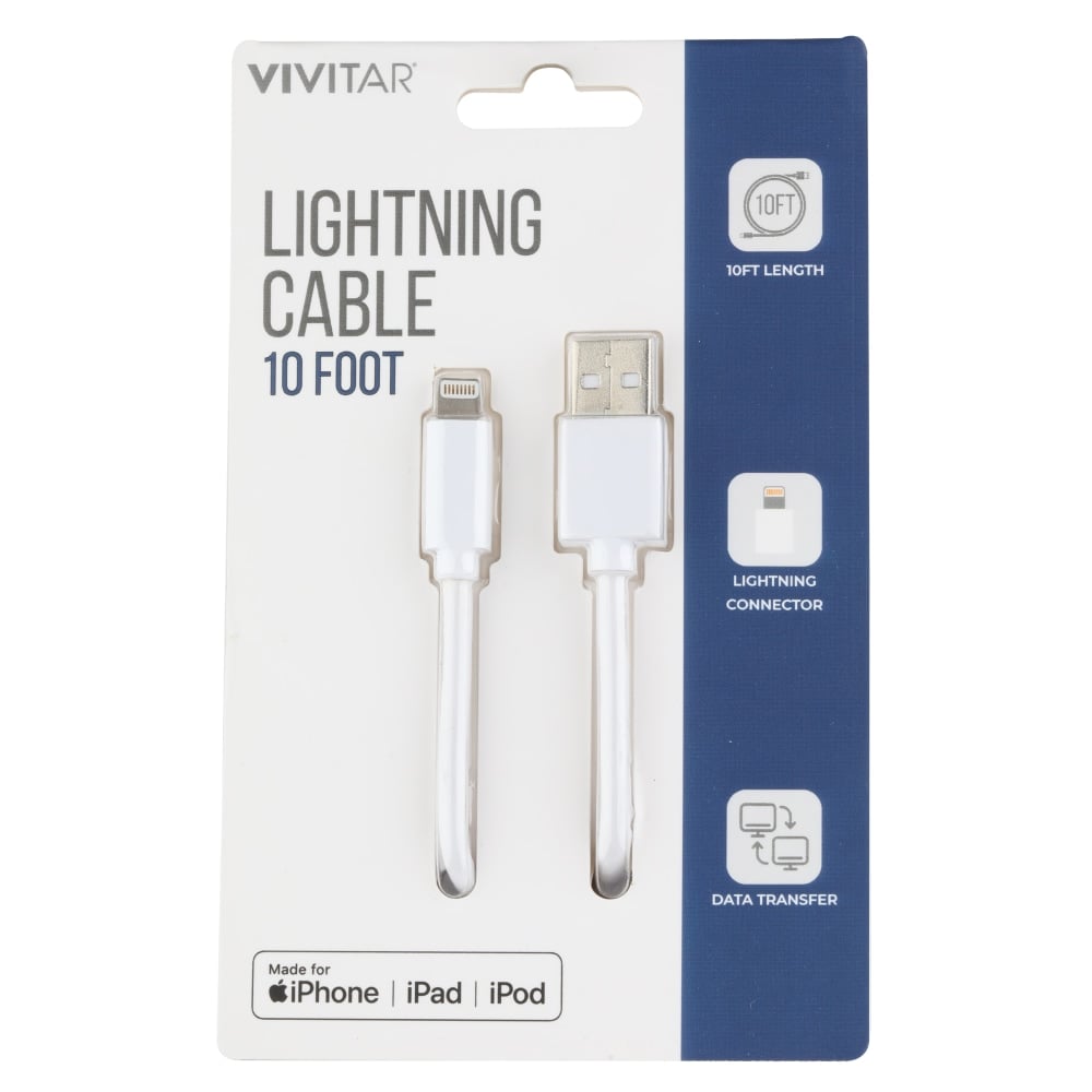 Vivitar Lightning To USB-A Cable, 10ft, White, NIL1010-WHT-STK-24 (Min Order Qty 6) MPN:NIL1010-WHT-STK-24