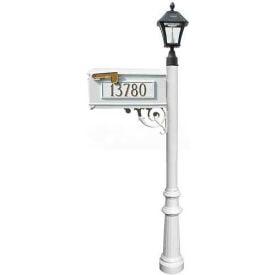 Mailbox Post (Fluted Base & Black Bayview Solar Lamp) w/3 Address Plates Support Brace White LMC-800-SL-WHT