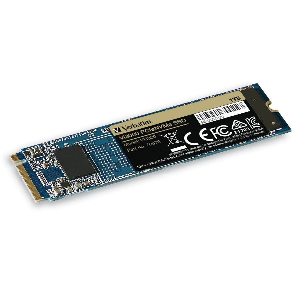 Verbatim Vi3000 1 TB Solid State Drive - M.2 2280 Internal - PCI Express NVMe (PCI Express NVMe 3.0 x4) - Notebook, Desktop PC Device Supported - 600 TB TBW - 3000 MB/s Maximum Read Transfer Rate - 5 Year Warranty MPN:70873