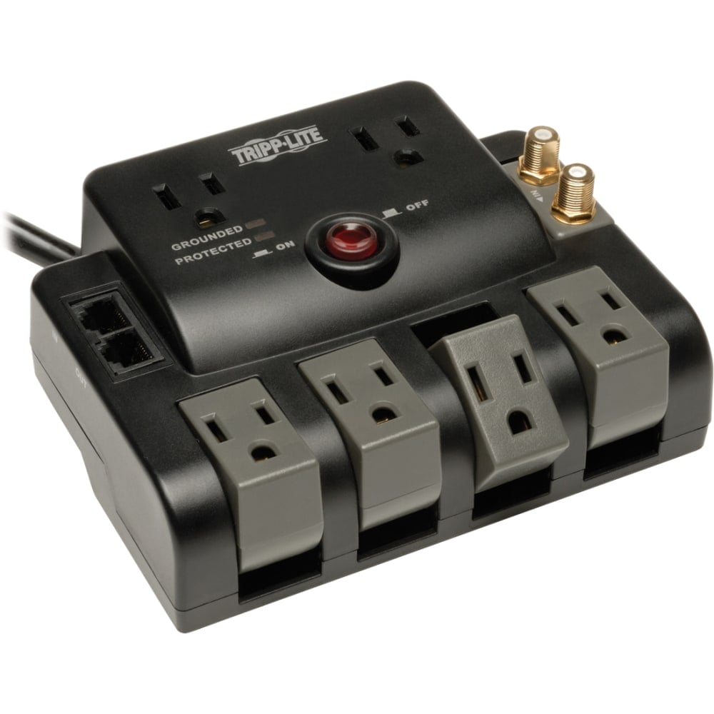 Tripp Lite Surge Protector 120V 6 Outlet Rotating RJ11 Coax 6ft Cord - Surge protector - 15 A - AC 120 V - output connectors: 6 - black (Min Order Qty 2) MPN:TLP606RNET