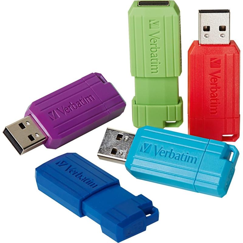 Verbatim PinStripe USB 2.0 Flash Drives, 32GB, Assorted Colors, 5 Pack (Min Order Qty 3) MPN:70055