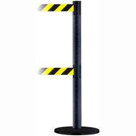 Tensabarrier® Retractable Dual Belt Barrier 7-1/2' Blk/Yellow Belt Black Wrinkle Post 889T2B-33-89-STD-NO-D4X-C-S