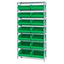 GoVets™ Chrome Wire Shelving With 14 Giant Plastic Stacking Bins Green 36x14x74 929GN268