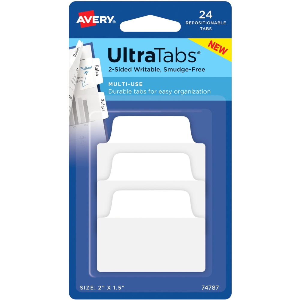 Avery Ultra Tabs Repositionable Multi-Use Tabs - 24 Tab(s) - 8 Tab(s)/Set - Clear Film, White Paper Tab(s) - 3 (Min Order Qty 15) MPN:74787