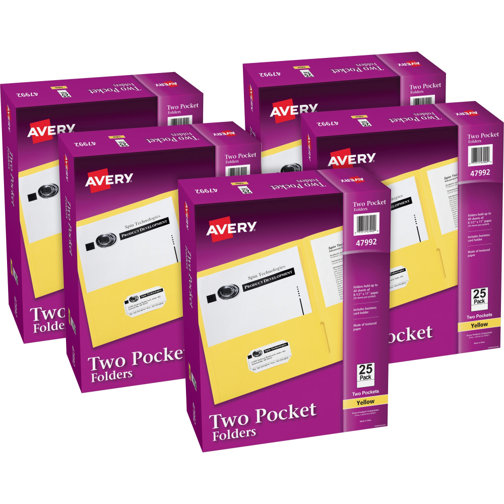 Avery Letter Pocket Folder - 8 1/2in x 11in - 40 Sheet Capacity - 2 Internal Pocket(s) - Embossed Paper - Yellow - 125 / Carton MPN:47992CT