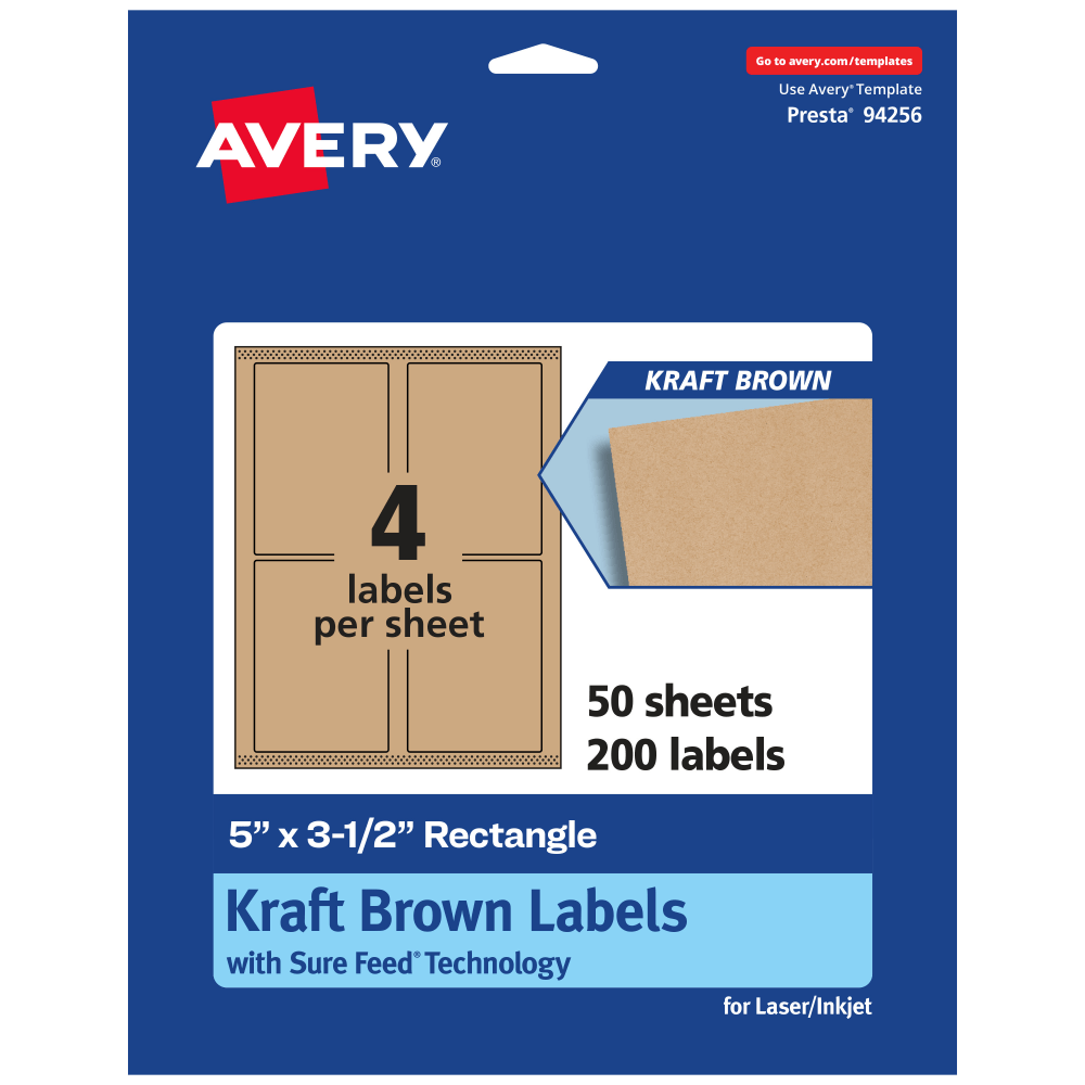 Avery Kraft Permanent Labels With Sure Feed, 94256-KMP50, Rectangle, 5in x 3-1/2in, Brown, Pack Of 200 (Min Order Qty 2) MPN:94256-KMP50