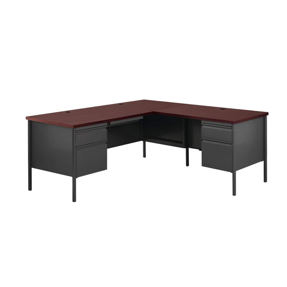 Steel Base Corner Desk: Woodgrain Laminate Top, Mahogany & Charcoal MPN:20106