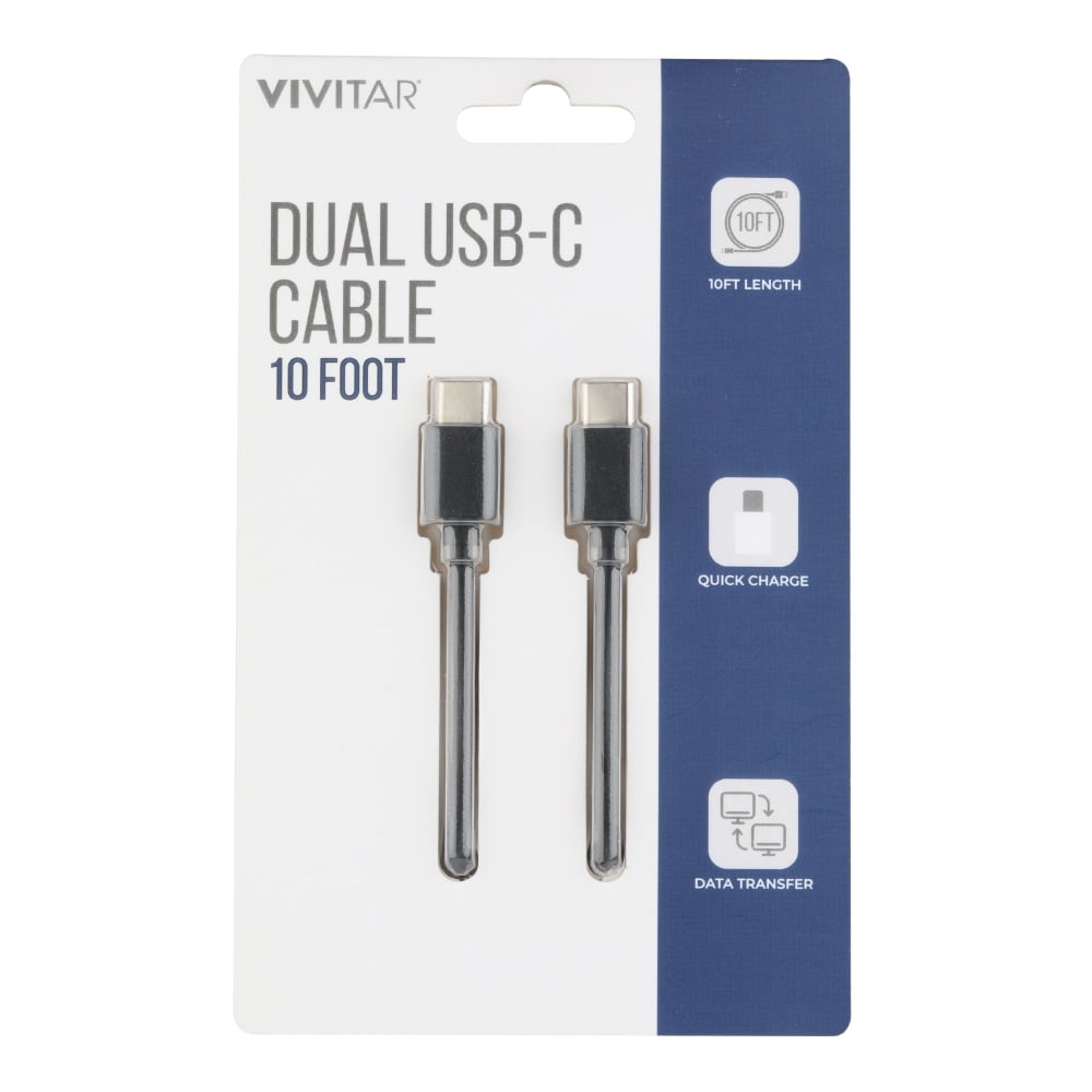 Vivitar Dual USB-C Charging Cable, 10ft, Black, NIL3010-BLK-STK-24 (Min Order Qty 17) MPN:NIL3010-BLK-STK-24