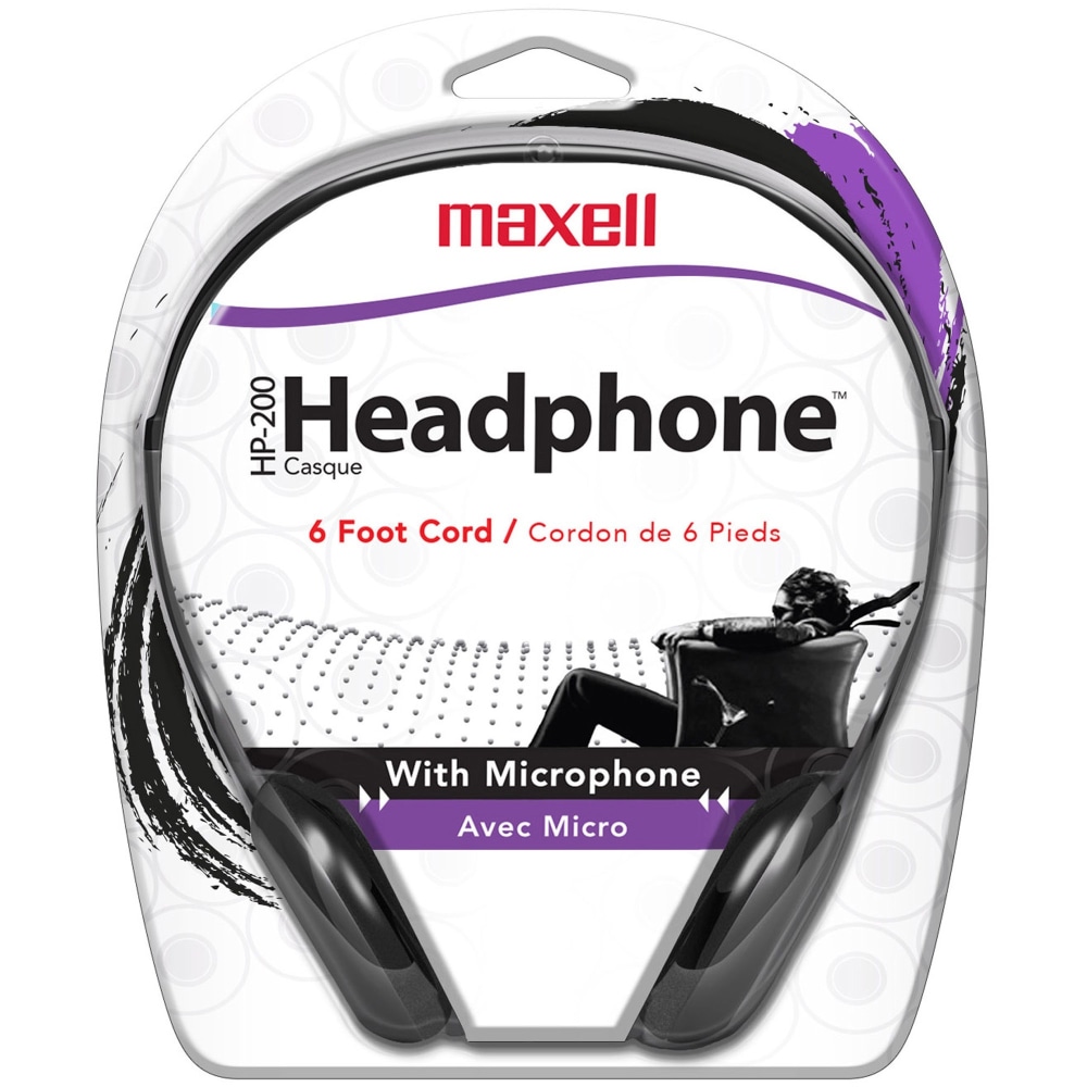 Maxell HP200MIC 199929 Headset - Mini-phone (3.5mm) - Wired - Ear-cup - 6 ft Cable - Black (Min Order Qty 8) MPN:199929