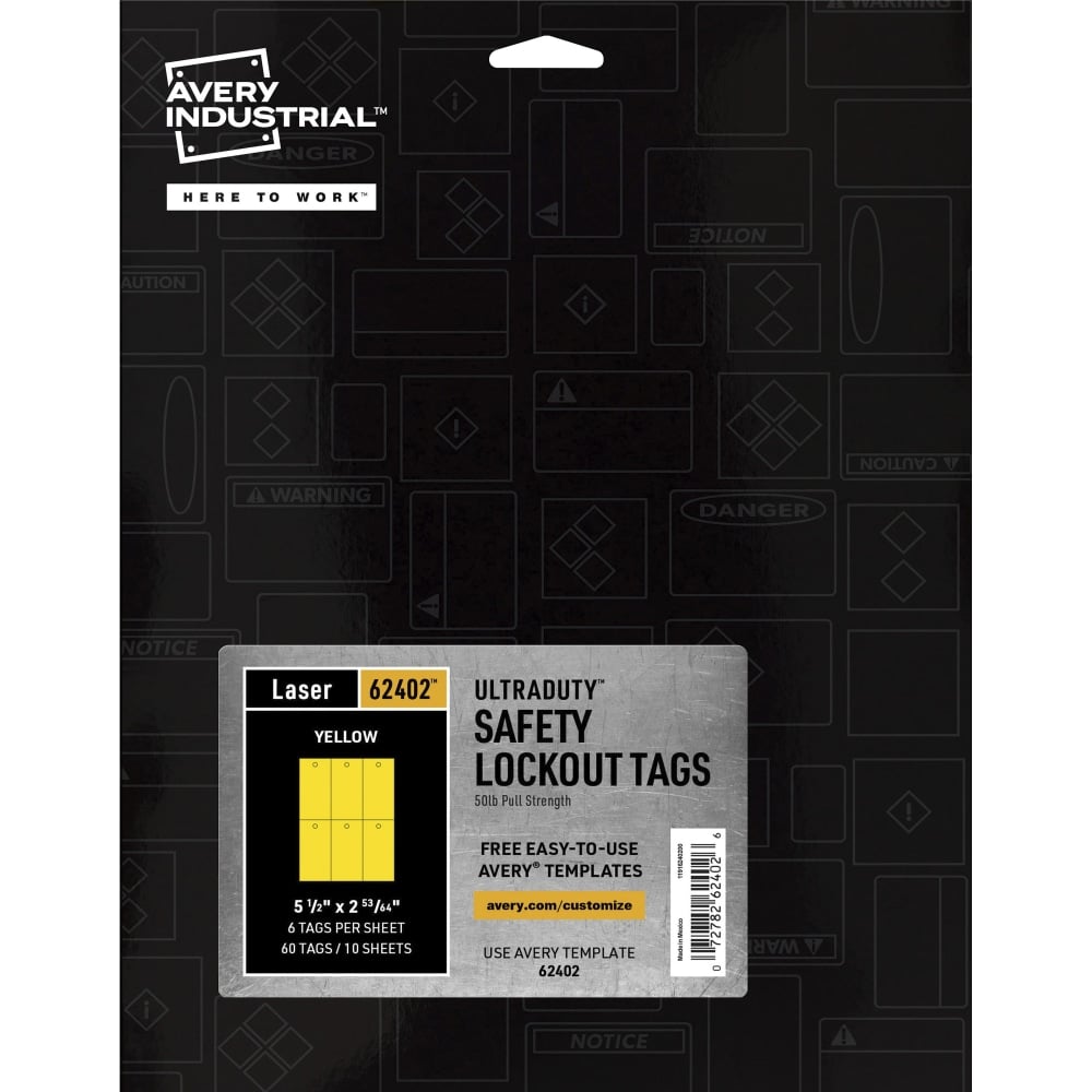 Avery UltraDuty Plastic Tags, 5.5in x 2.83in , Yellow (62402) - 2.92in Length x 5.50in Width - 60 - Plastic, Polyester - Yellow (Min Order Qty 2) MPN:62402