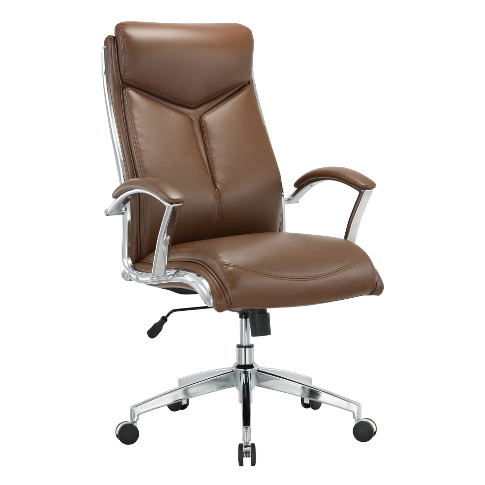 Realspace Modern Comfort Verismo Bonded Leather High-Back Executive Office Chair, Brown/Chrome, BIFMA Compliant MPN:2171-BW