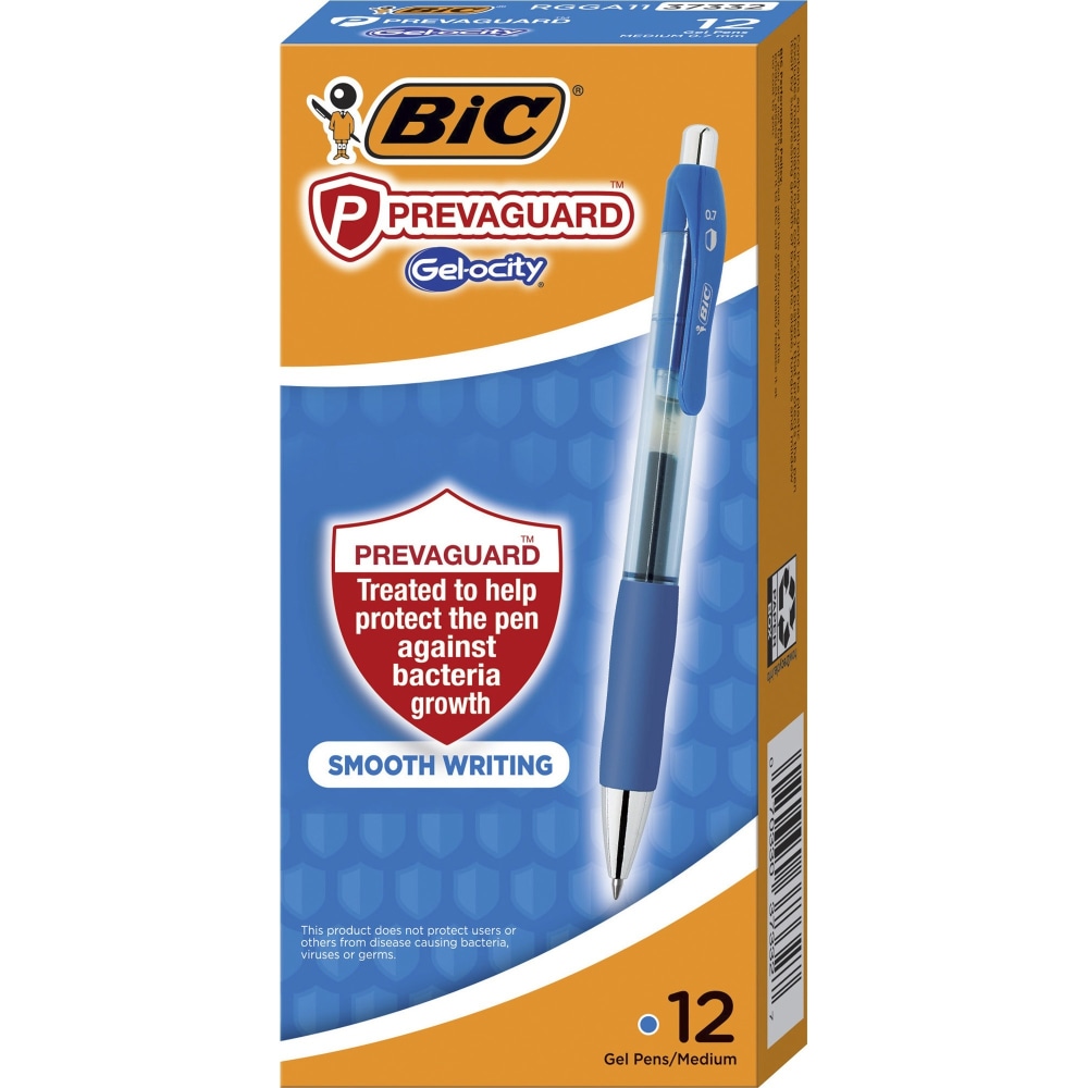 BIC PrevaGuard Gel-ocity Gel Pens, Pack Of 12, Medium Point, 0.7 mm, Blue Barrel, Blue Ink (Min Order Qty 3) MPN:RGGA11BE