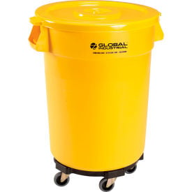 GoVets™ Plastic Trash Can with Lid & Dolly - 32 Gallon Yellow 460YLB240