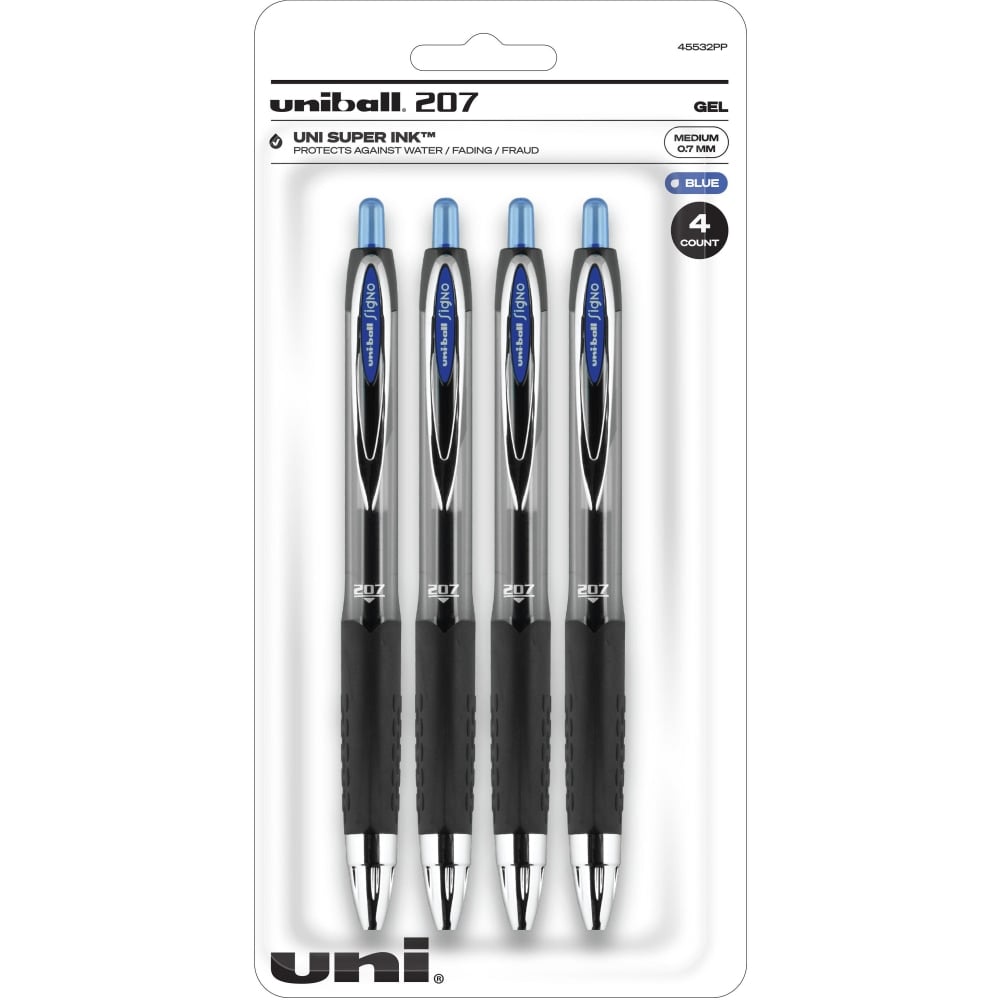 uniball 207 Gel Pens, Pack Of 4, Medium Point, 0.7 mm, Translucent Black Barrel, Blue Ink (Min Order Qty 10) MPN:UBC45532PP