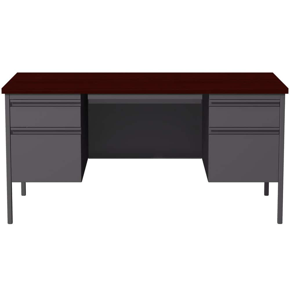 Steel Base Double Pedestal Desk: Woodgrain Laminate Top, Mahogany & Charcoal MPN:20102