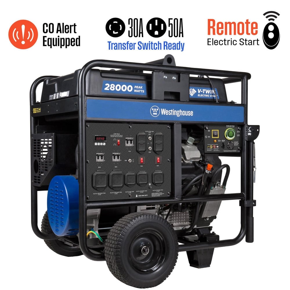 For your toughest power needs, the Westinghouse WGen20000c Portable Generator is an ultra-duty generator engineered for strength. With 28,000 peak-Watt and 20,000 running-Watt, the WGen20000c is built with a brawny 999 cc V-Twin MPN:WGEN20000C