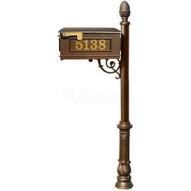 Lewiston Mailbox Post (Ornate Base & Pineapple Finial) with Vinyl Numbers Support Brace Bronze LMCV-703-BZ