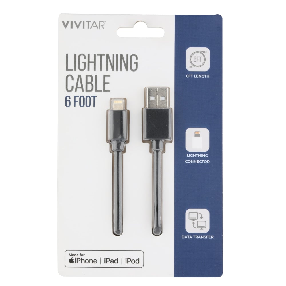 Vivitar Lightning To USB-A Cable, 6ft, Black, NIL1006-BLK-STK-24 (Min Order Qty 8) MPN:NIL1006-BLK-STK-24