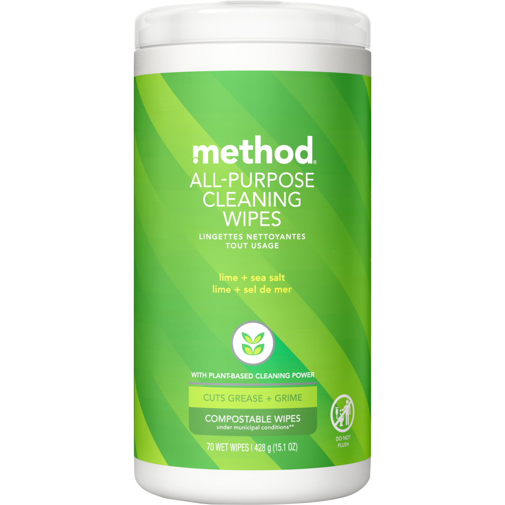 Method All-Purpose Cleaning Wipes, 3in x 4in, Lime + Seasalt Scent, Green, Tub Of 70 (Min Order Qty 6) MPN:338525