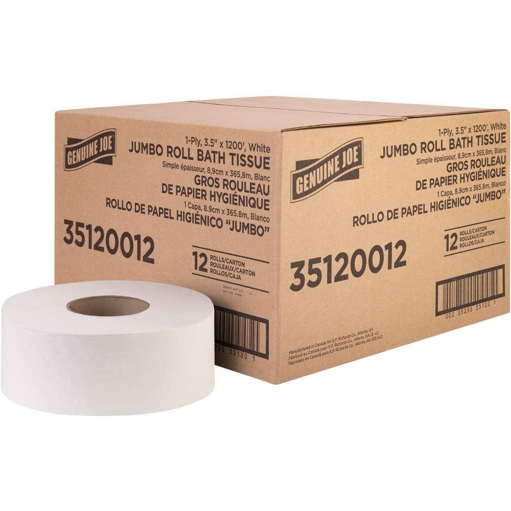 Genuine Joe 1-ply Jumbo Roll Bath Tissue - 1 Ply - 3.63in x 1200 ft - 8.88in Roll Diameter - White - Fiber - 12 / Carton (Min Order Qty 2) MPN:35120012