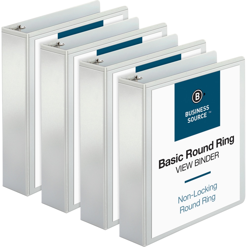 Business Source RounD-Ring View Binder, 2in Ring, 8 1/2in x 11in, White, Pack Of 4 (Min Order Qty 2) MPN:BSN09957BD